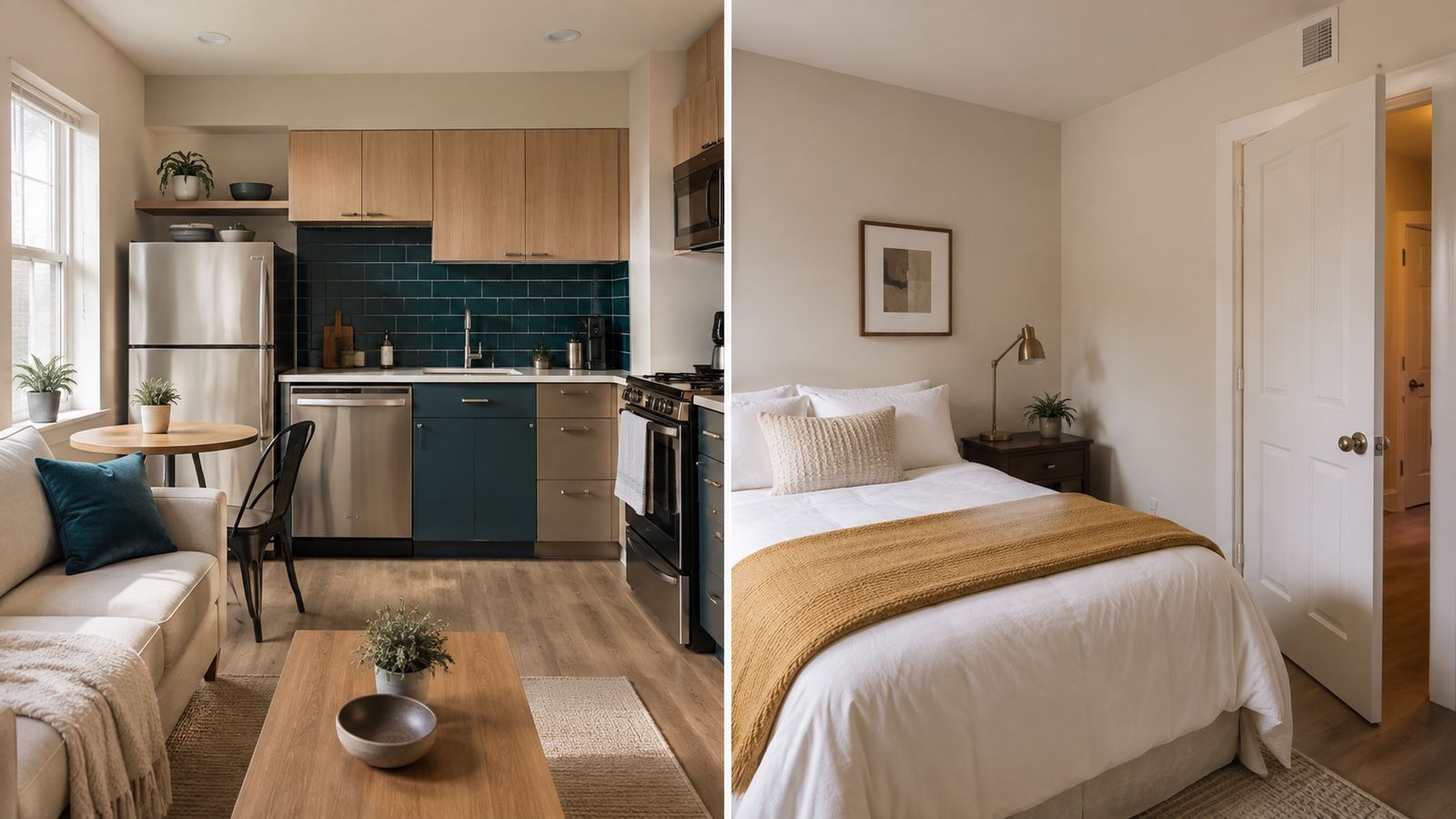 A furnished apartment's kitchen and living area on one side, a private bedroom with the door open to a hallway on the other