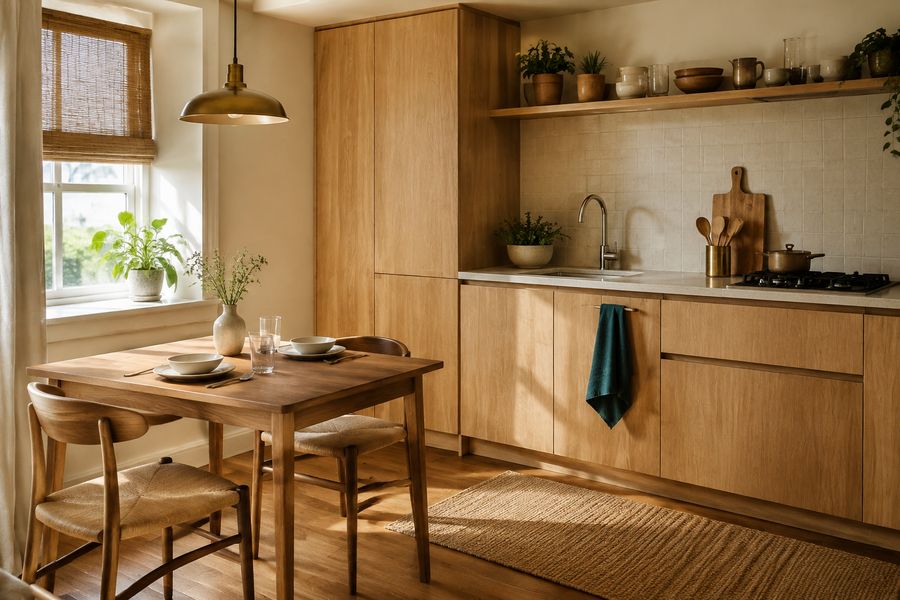 A small kitchen with a wood dining table tucked into a nook near the window