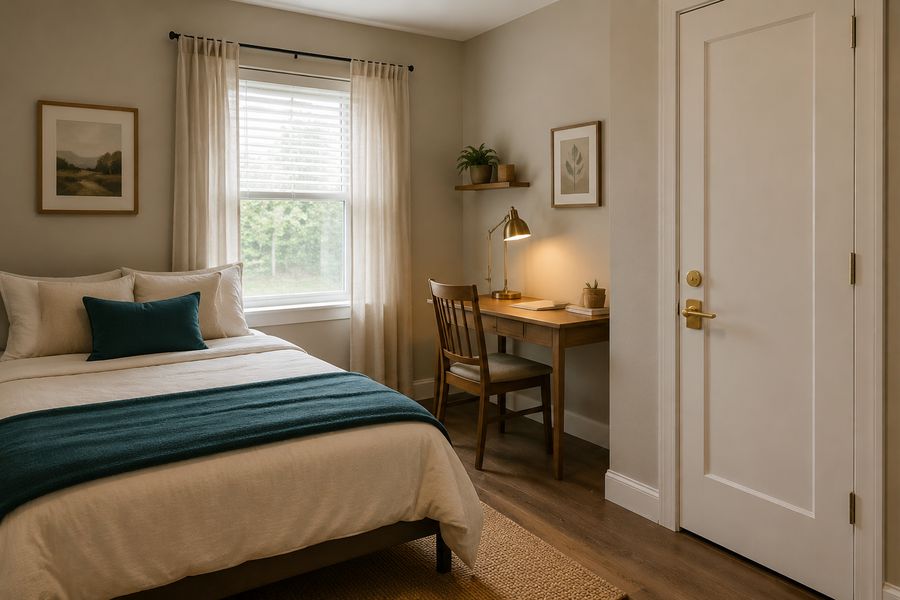 A private bedroom with a made bed next to a closed door with a visible lock