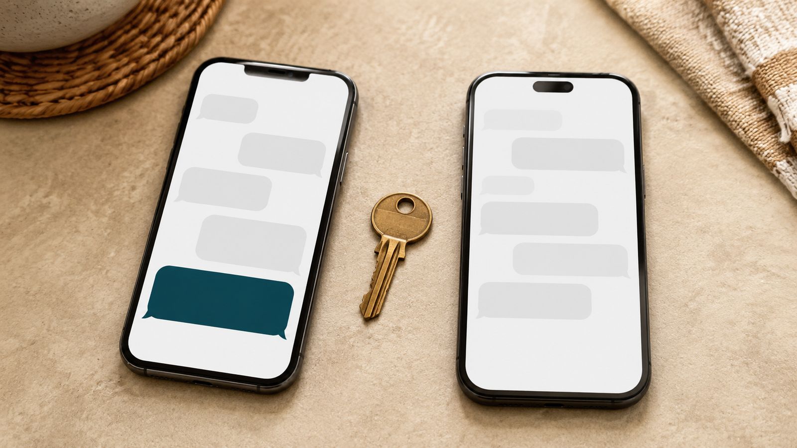Two phones with message bubbles on their screens next to a brass house key