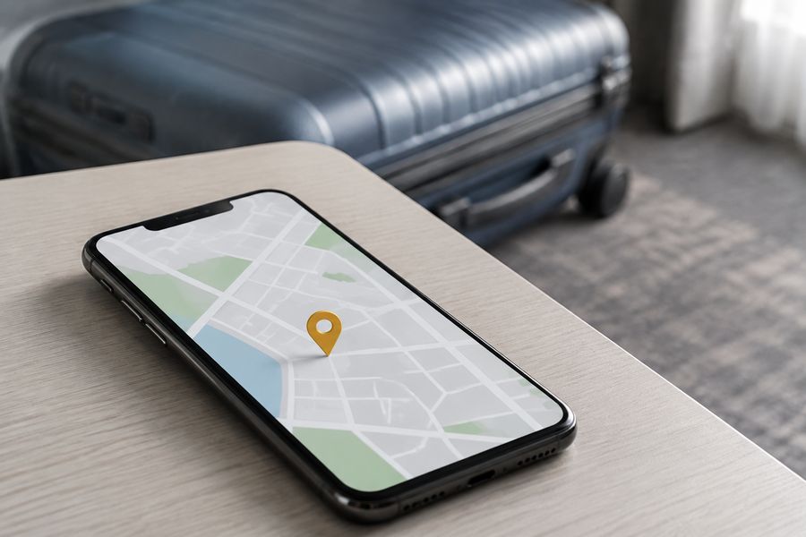 A phone showing a map pin next to a suitcase on a hotel room desk