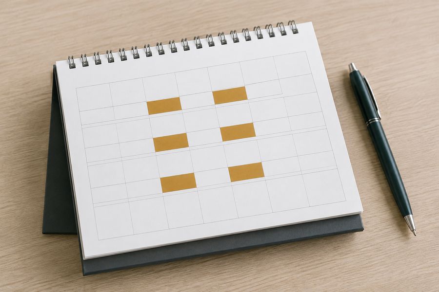 A desk calendar with several weekly blocks shaded in, next to a pen