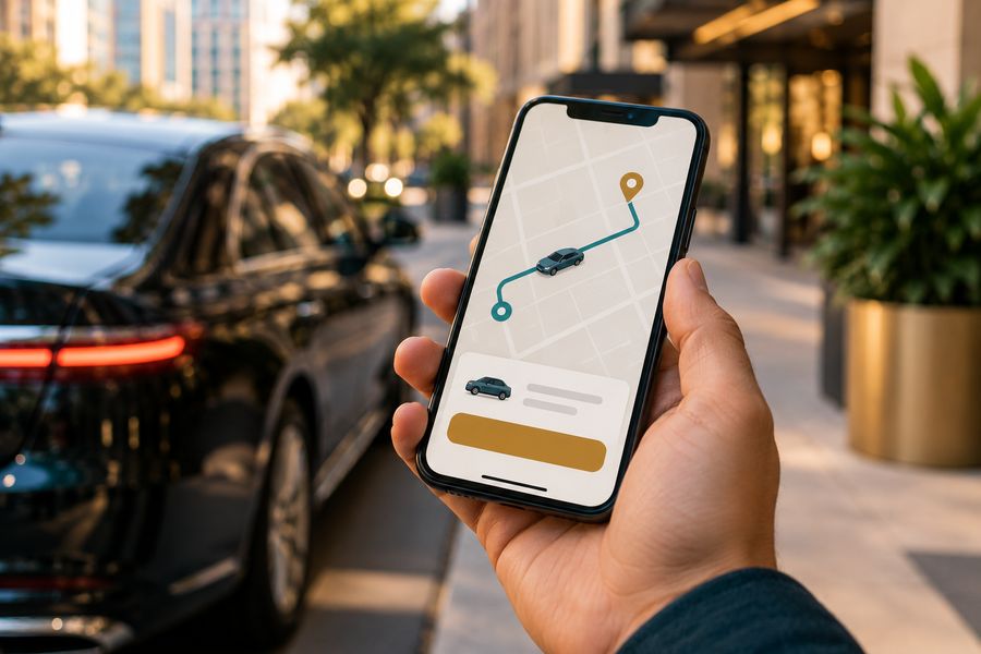 A hand holding a phone showing a rideshare-style map and route, with a car parked on the street behind it