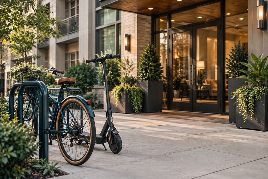 A bike and an electric scooter parked near a furnished apartment building entrance