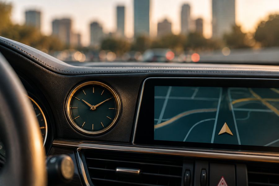 Close-up of a car dashboard analog clock beside a navigation map display, city skyline visible through the windshield