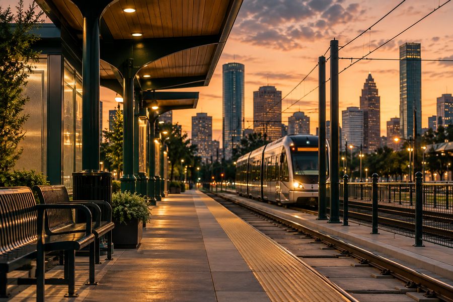 A light-rail platform at dusk with a train arriving, downtown Houston skyline lit up in the background