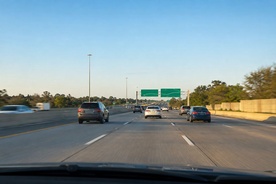 Light highway traffic under green overhead signs in early evening