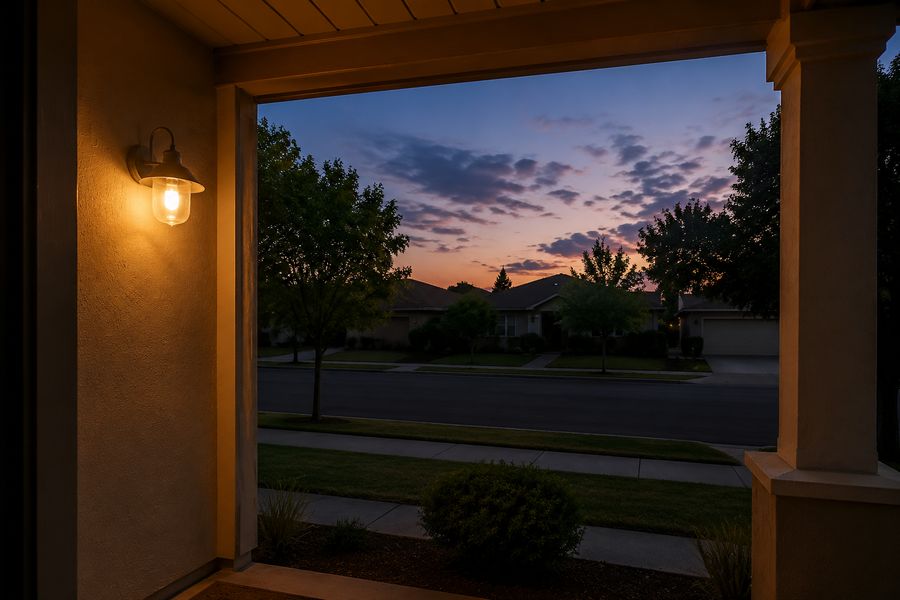 Quiet residential street at dusk seen from a front porch with a lit wall lantern