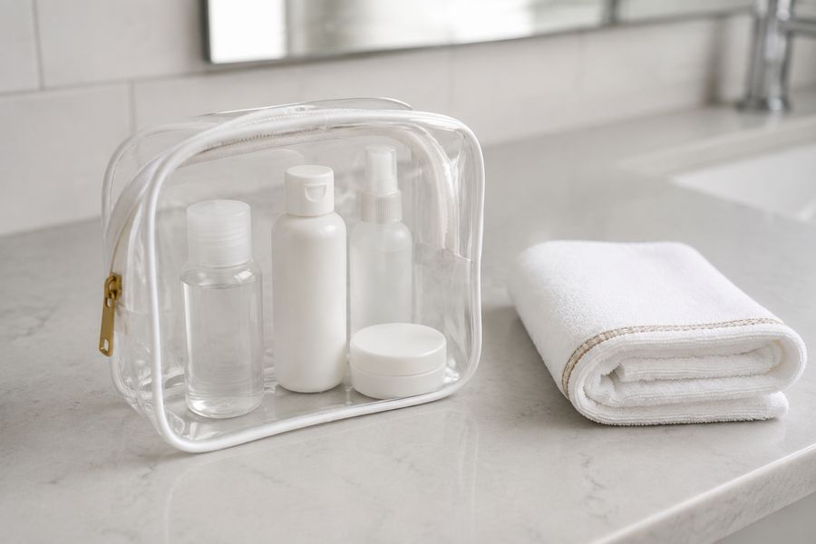 Clear toiletry bag with travel-size bottles beside a folded towel on a bathroom counter