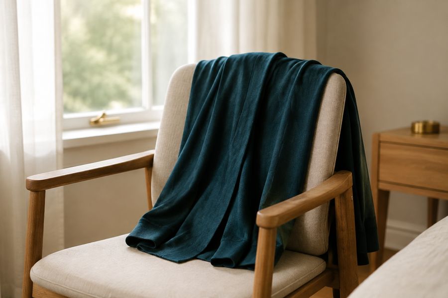Light teal layer draped over an armchair beside a bright window