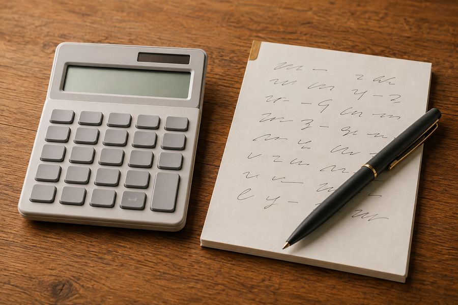 Calculator beside a notepad and pen on a wooden desk