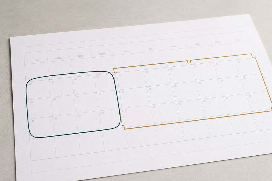 Printed calendar with a short stay and a longer stay outlined in different colors