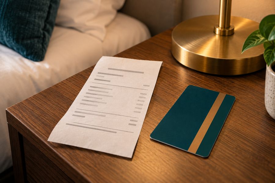 Hotel bill receipt next to a room key card on a nightstand