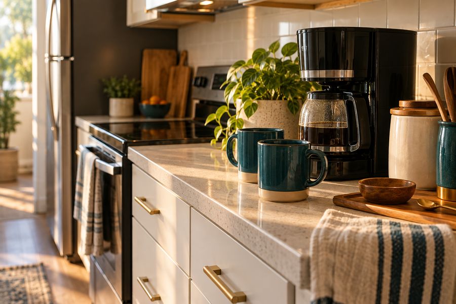 Furnished apartment kitchen counter with a coffee maker and mugs