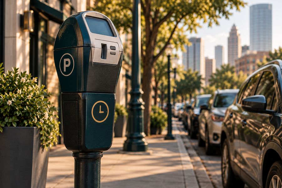 A parking meter with a time-limit clock icon on a tree-lined sidewalk with cars parked along the curb