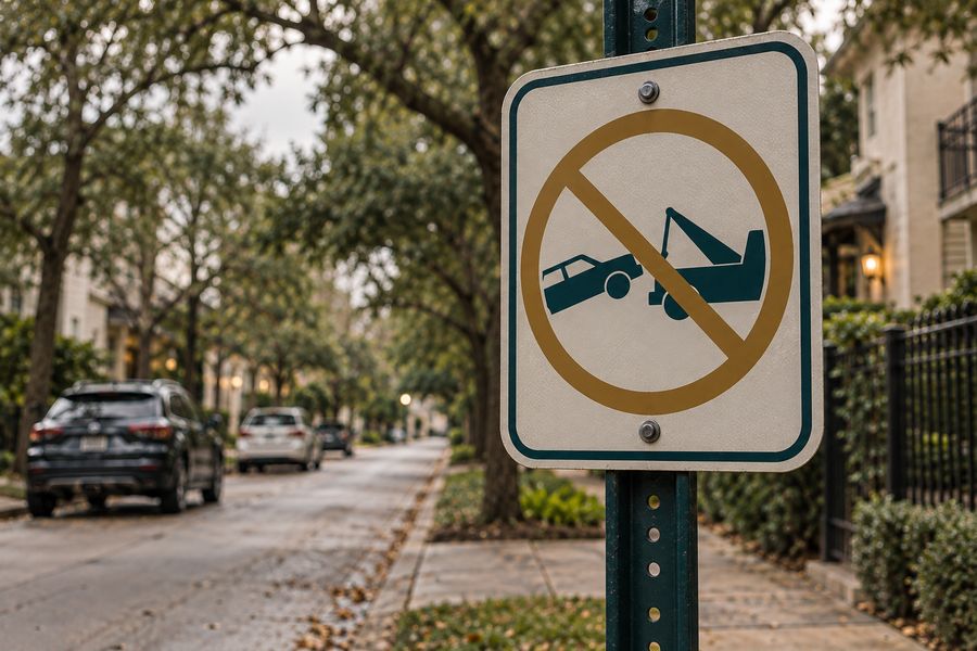A no-towing warning sign posted on a residential street near parked cars