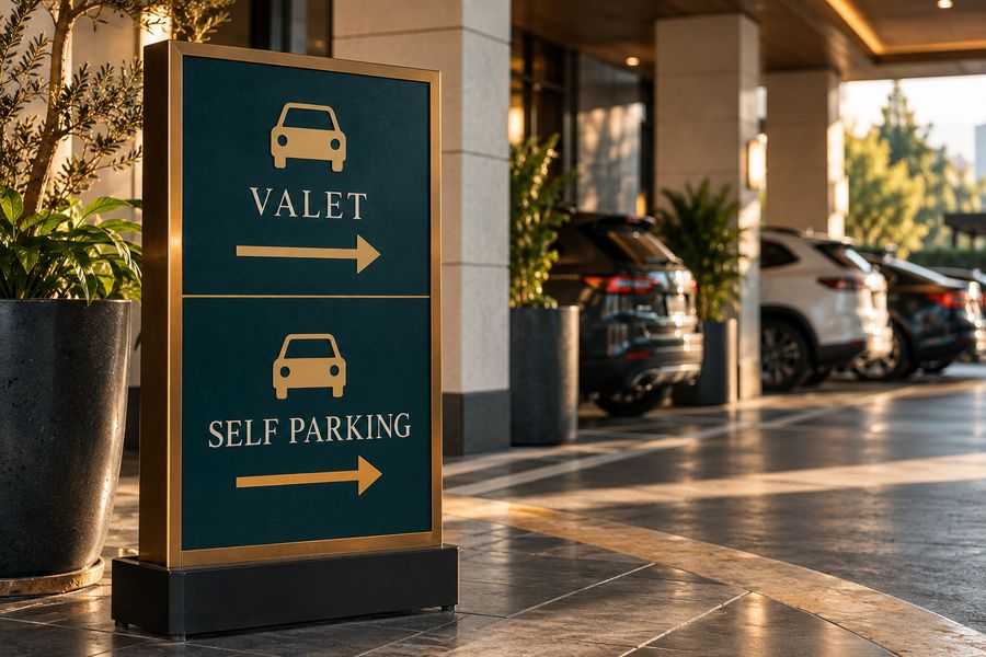 VALET and SELF PARKING signage at a hotel entrance beside a row of parked cars