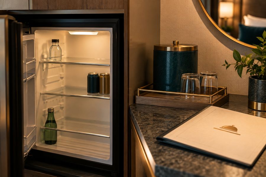Open hotel mini-fridge stocked with drinks beside a marble counter and ice bucket