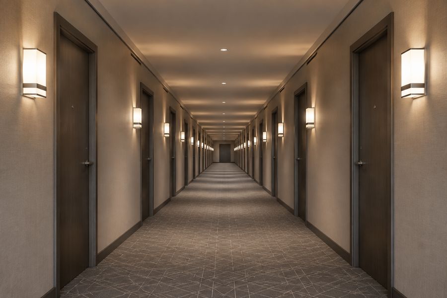 Long hotel corridor lined with identical guest-room doors and wall sconces