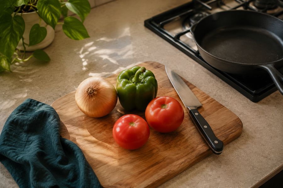 Fresh vegetables and a knife on a cutting board beside a cast-iron pan on a gas stove