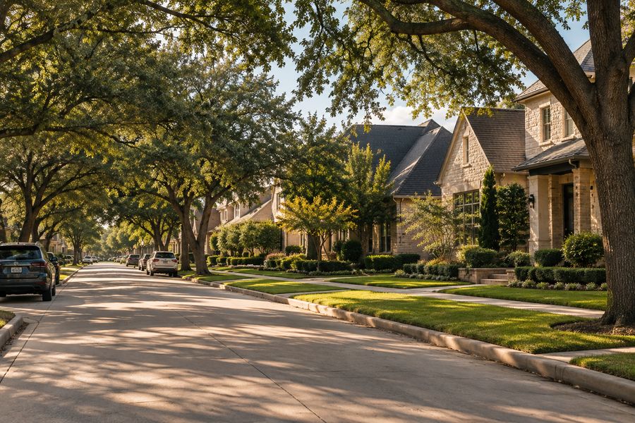 Quiet suburban residential street lined with mature trees and homes