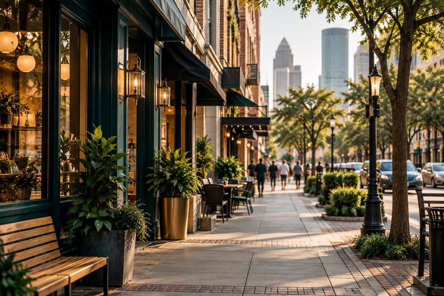 Walkable urban street lined with small shopfronts, cafe seating, and the downtown skyline in the distance