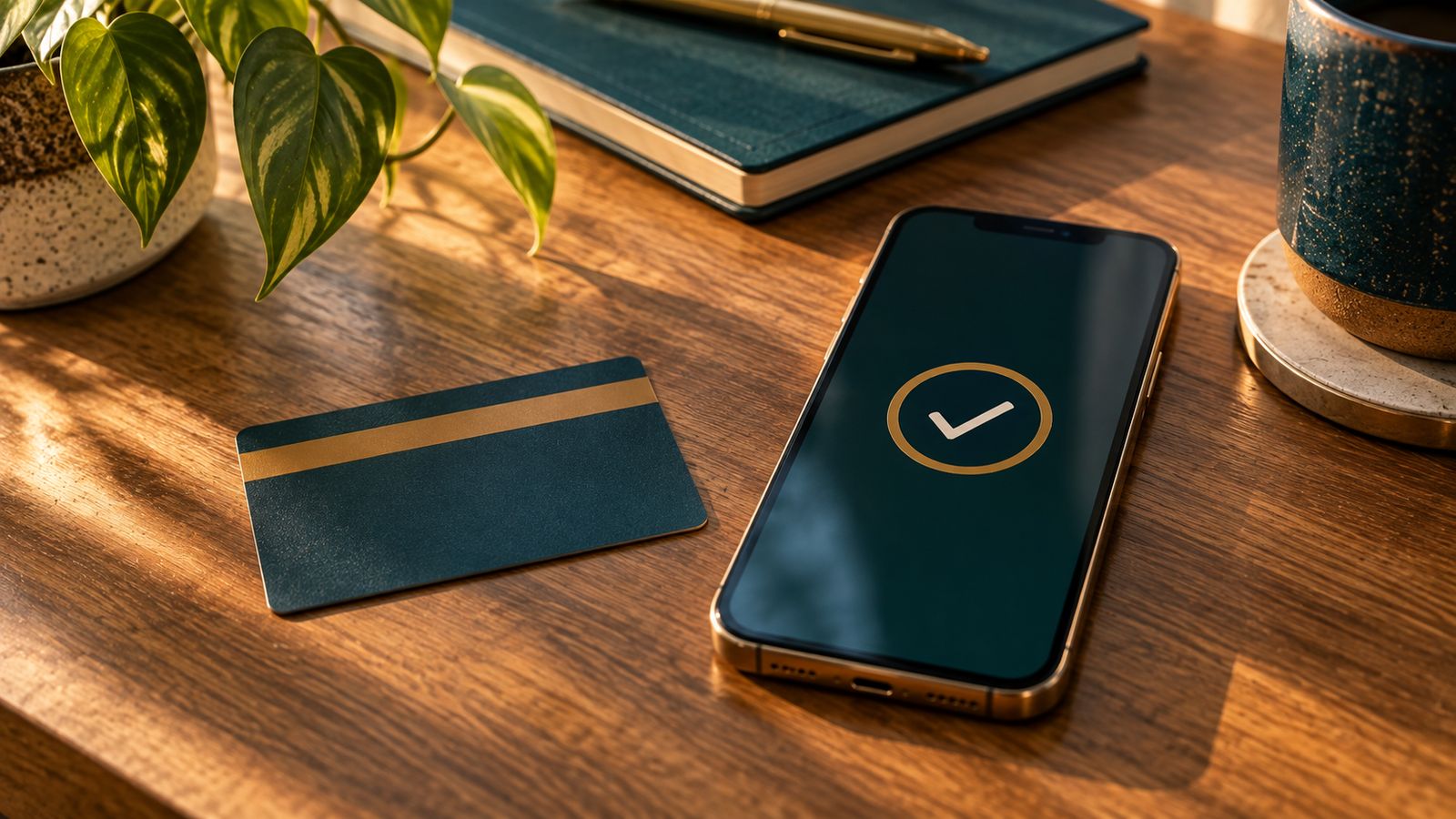 A phone showing a verification checkmark beside a face-down ID card
