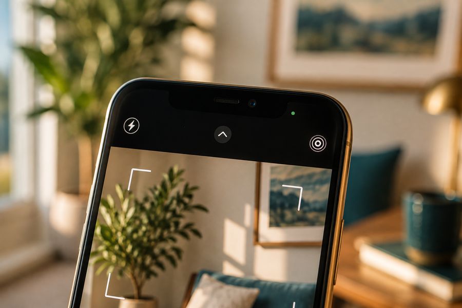 A close-up of a phone camera framing a selfie shot indoors