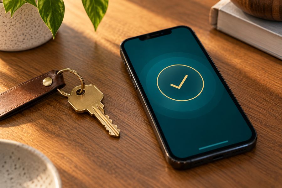 A house key next to a phone showing a checkmark