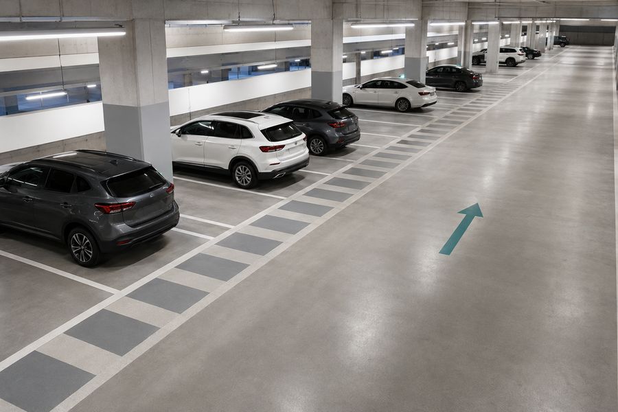 Rows of parked cars inside a clean parking garage