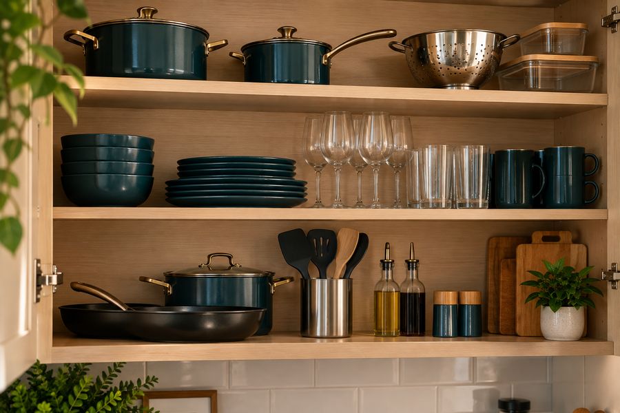 Stocked kitchen shelf with cookware, dishware, glassware, and pantry basics