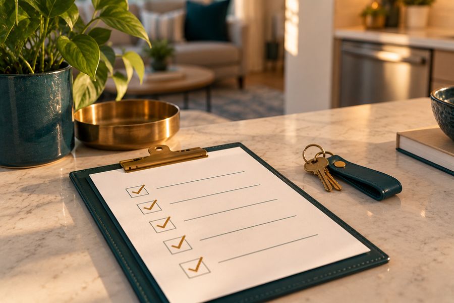 Checklist clipboard and a set of keys on a kitchen counter