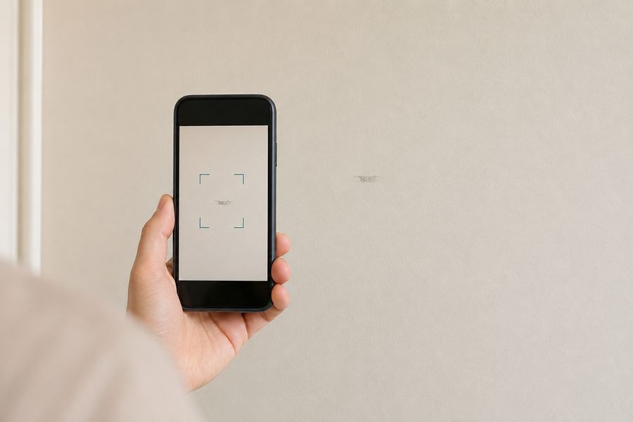 A phone photographing an existing scuff mark on a wall as a move-in record