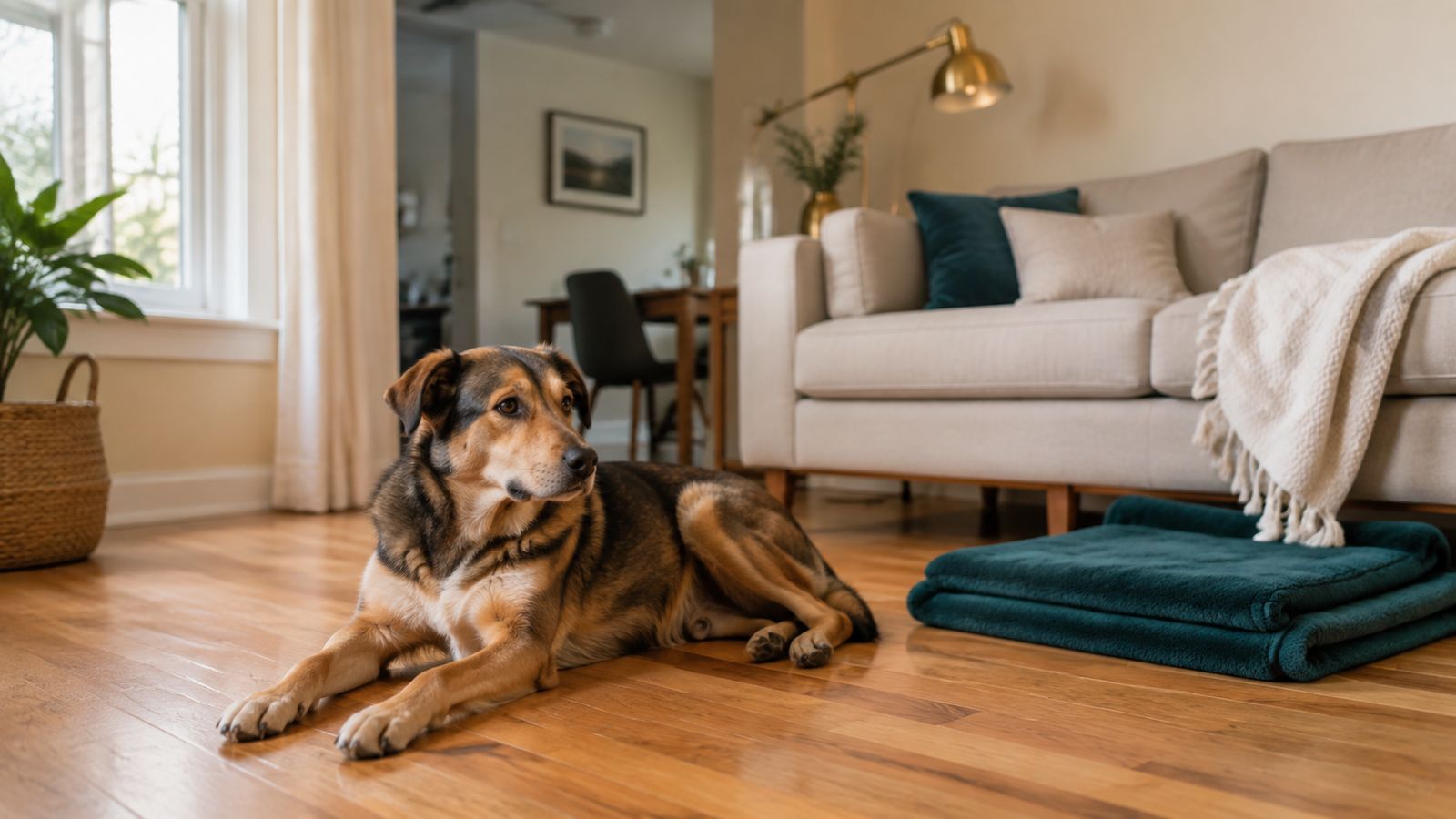 A dog resting on the floor of a furnished apartment living room