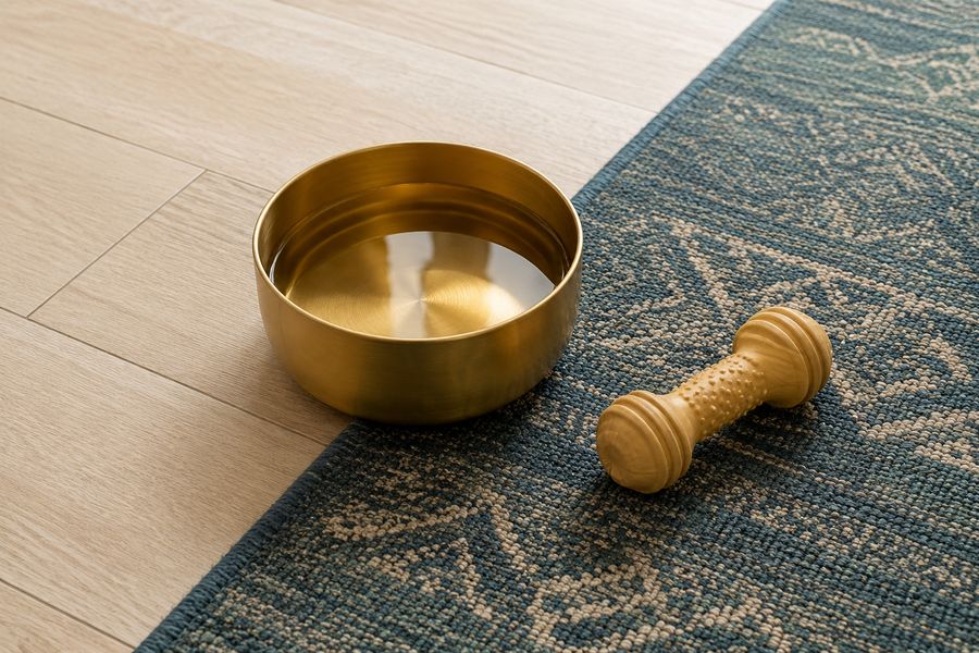 A dog leash and bowl set beside an apartment entryway