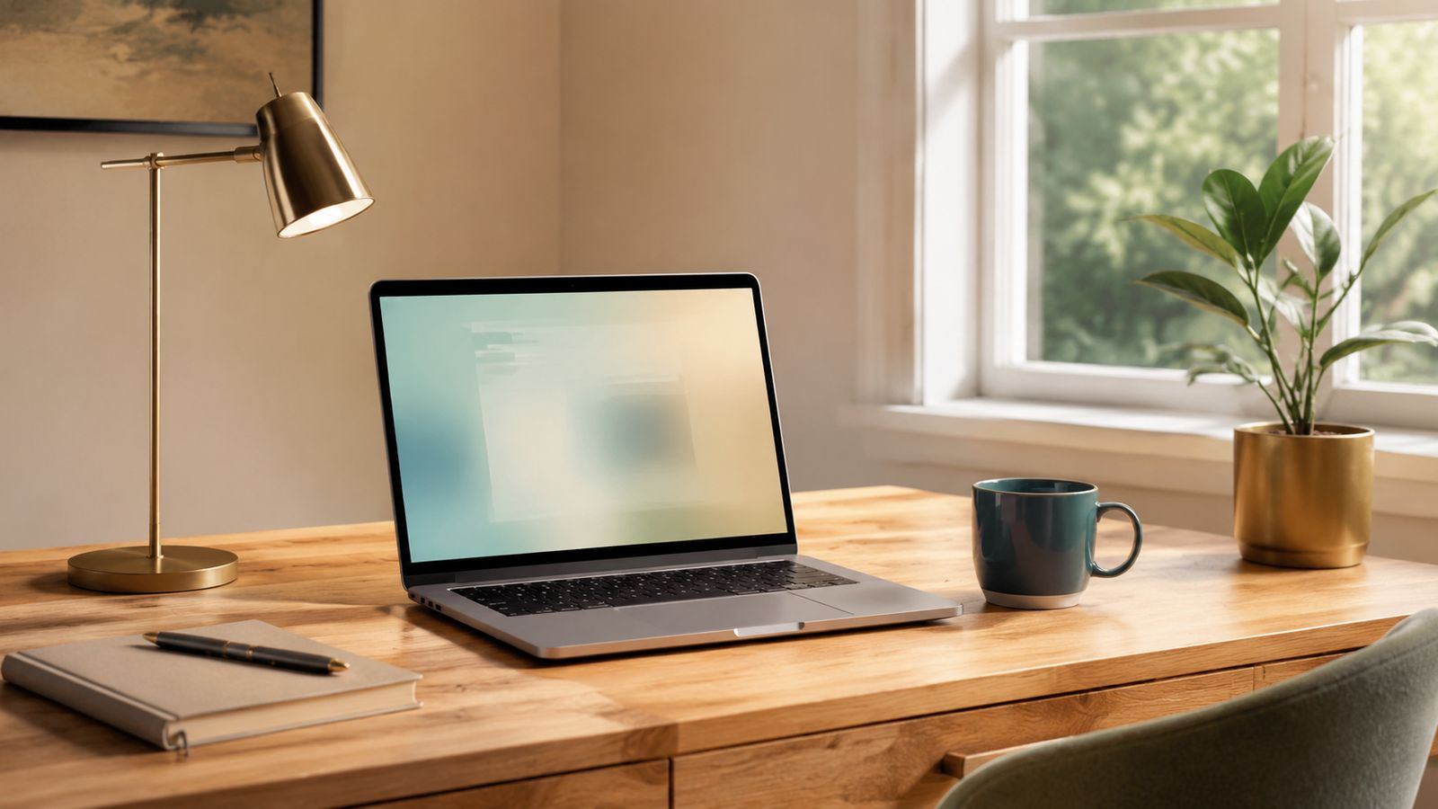 A desk setup near a window with a laptop, lamp, mug, and plant