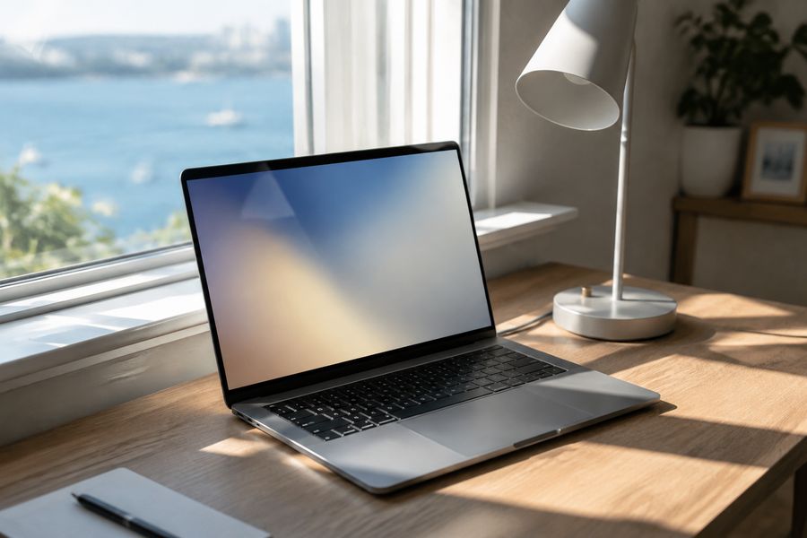 A laptop near window light with a lamp turned off