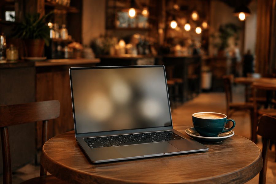 A laptop and coffee on a café table