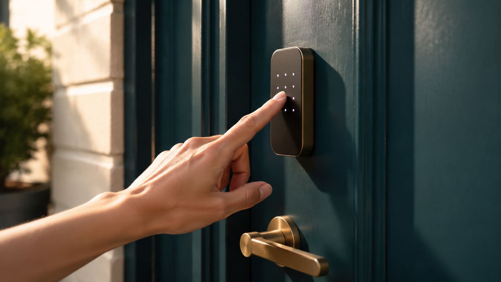 A hand entering a code on a keypad smart lock beside a brass door handle