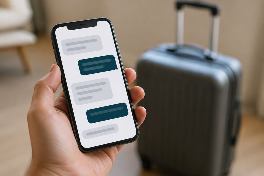 A hand holding a phone showing a text message thread, with luggage in the background
