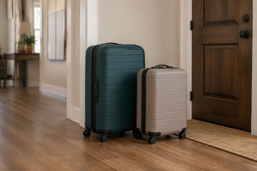 Two suitcases in an entryway beside an open front door