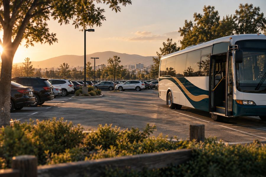A satellite parking lot with a shuttle bus waiting to take riders to the main campus