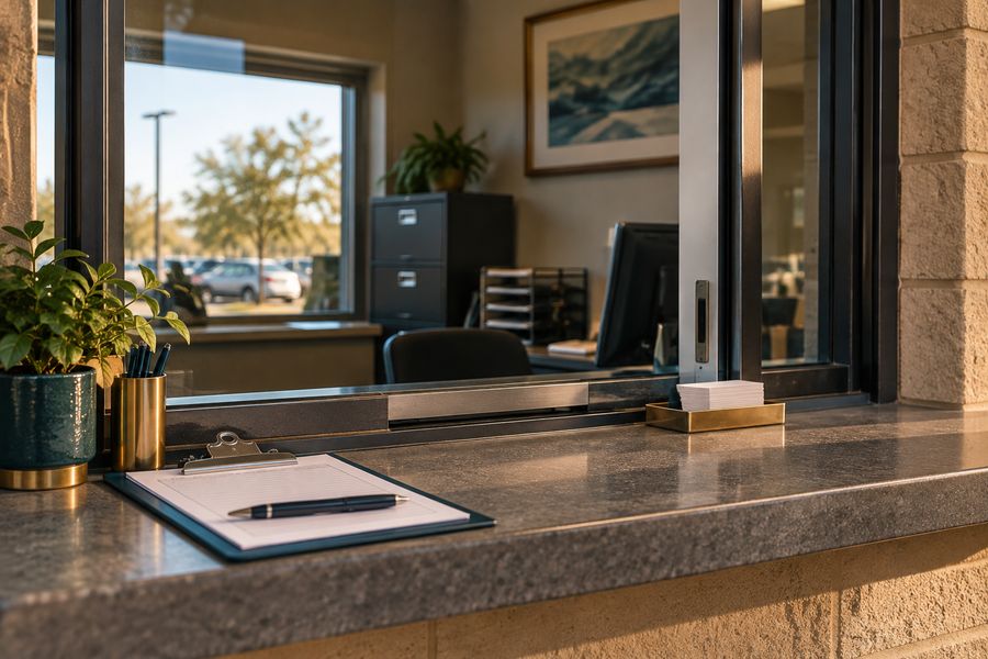 A parking administration office counter with a window and a clipboard for visitors