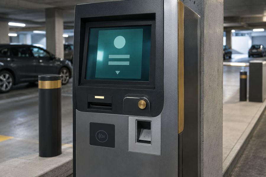 Close-up of a parking garage payment kiosk with a card reader and touchscreen display