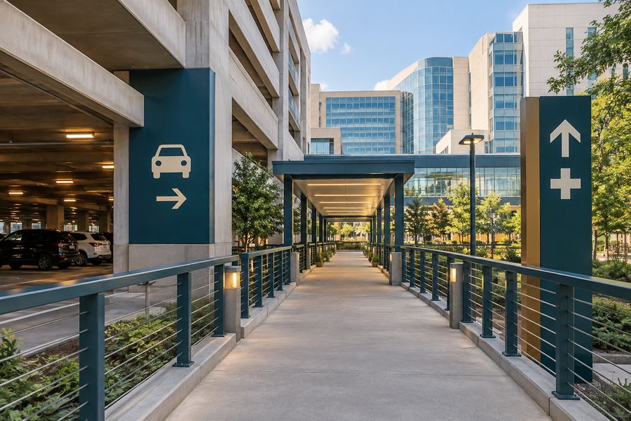 Elevated covered walkway connecting a Texas Medical Center parking garage to a hospital building