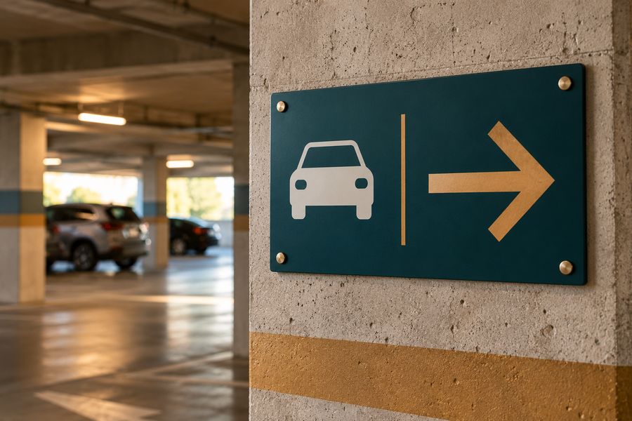 Directional signage with a car icon and arrow inside a parking garage