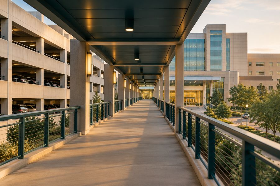 Elevated covered walkway connecting a parking garage to a hospital building