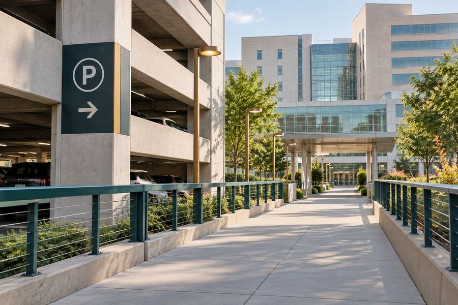 A walkway leading to a hospital building