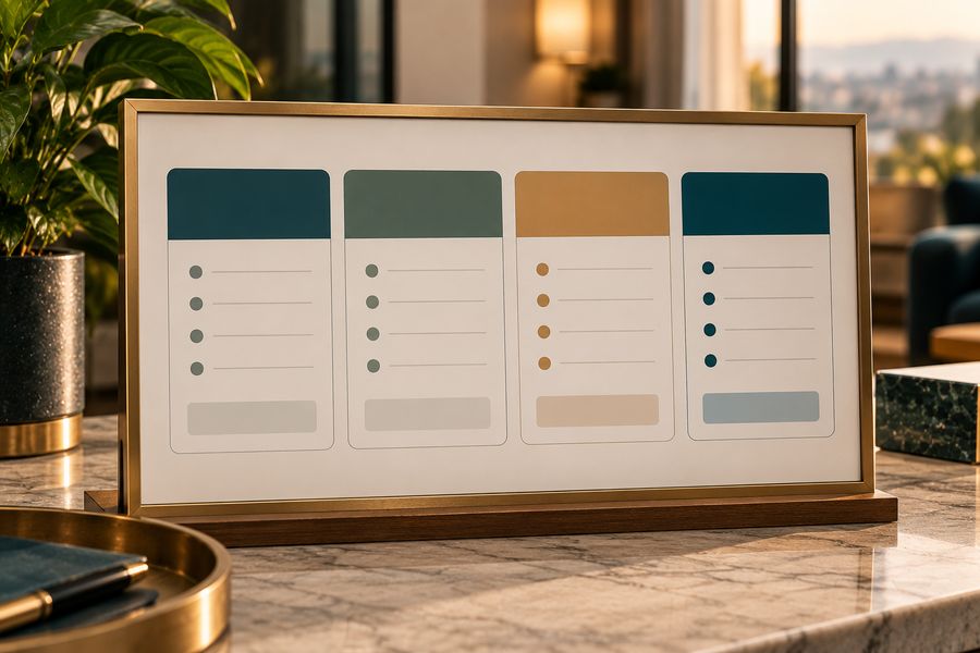 Framed graphic of four color-coded pricing tier cards representing different published parking rate blocks