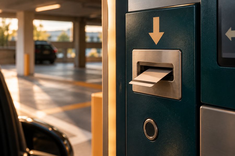 Close-up of a parking garage payment terminal with a card being inserted into the card reader slot